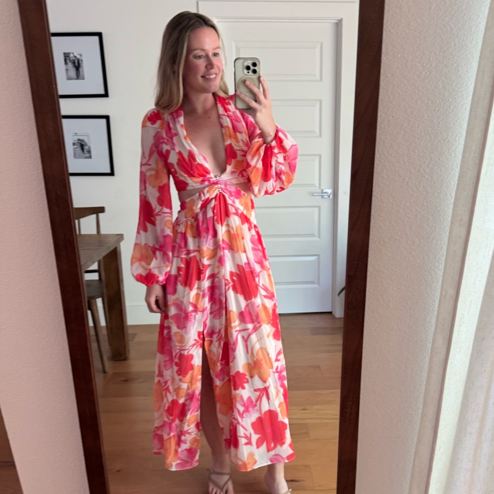 Showpo Floral Midi Dress Floral Cutout Pink Long Sleeve Plunge NWT